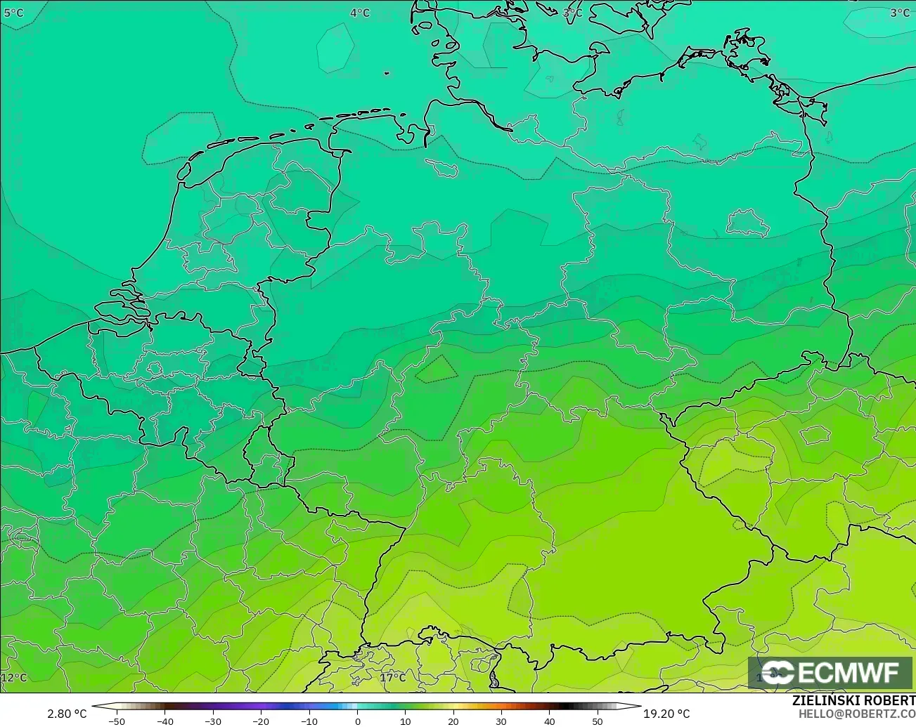 ECMWF IFS 0.25° модель - Германия, Температура 850 hPa