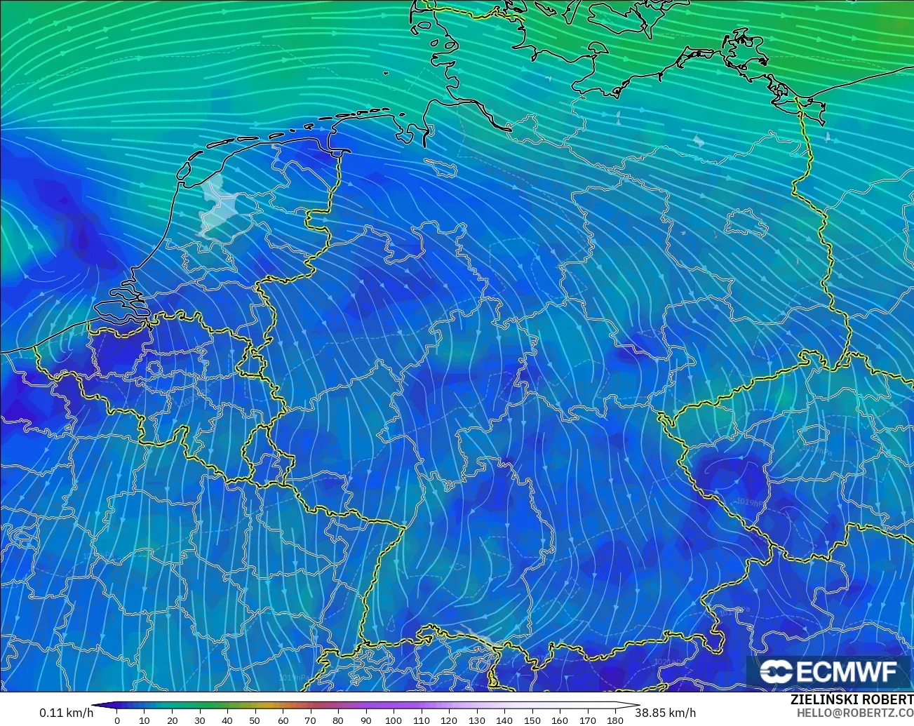 ECMWF IFS 0.25° модель - Германия, Жел 10 м