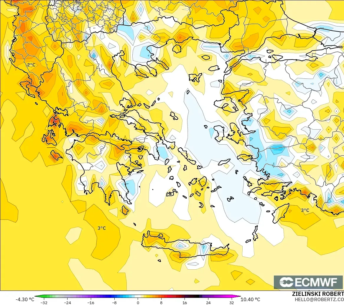 ECMWF IFS 0.25° модель - Грекия, 2 м Температура Аномалиясы