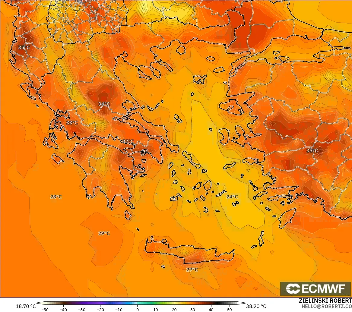 ECMWF IFS 0.25° модель - Грекия, Температура 2 м