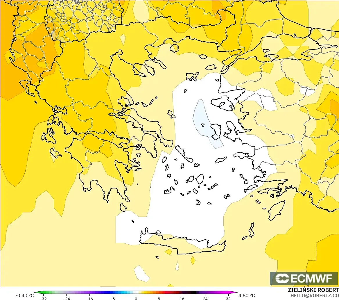 ECMWF IFS 0.25° модель - Грекия, 850 hPa Температура Аномалиясы