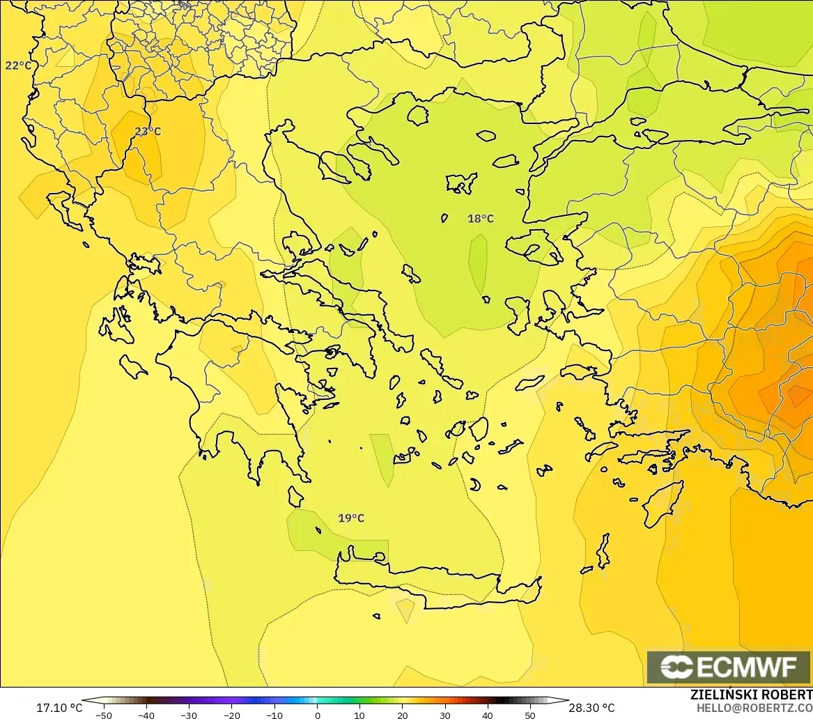 ECMWF IFS 0.25° модель - Грекия, Температура 850 hPa