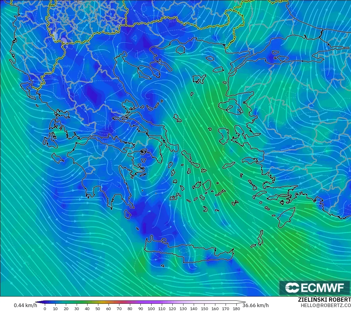 ECMWF IFS 0.25° модель - Грекия, Жел 10 м