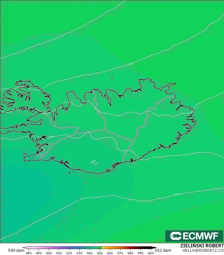 ECMWF IFS 0.25° модель - Исландия, 500 гПа деңгейіндегі геопотенциал биіктігі