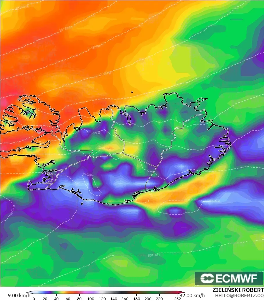 ECMWF IFS 0.25° модель - Исландия, Ең Жоғары Екпін