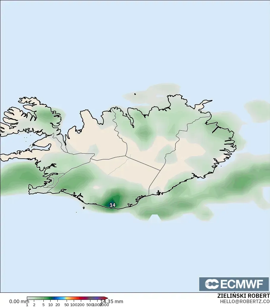 ECMWF IFS 0.25° модель - Исландия, Жауын-шашын Жинақталуы