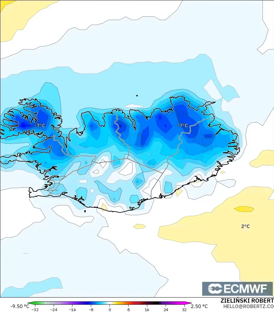 ECMWF IFS 0.25° модель - Исландия, 2 м Температура Аномалиясы