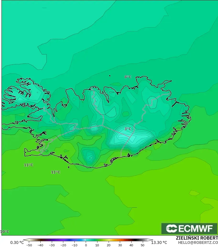 ECMWF IFS 0.25° модель - Исландия, Температура 2 м