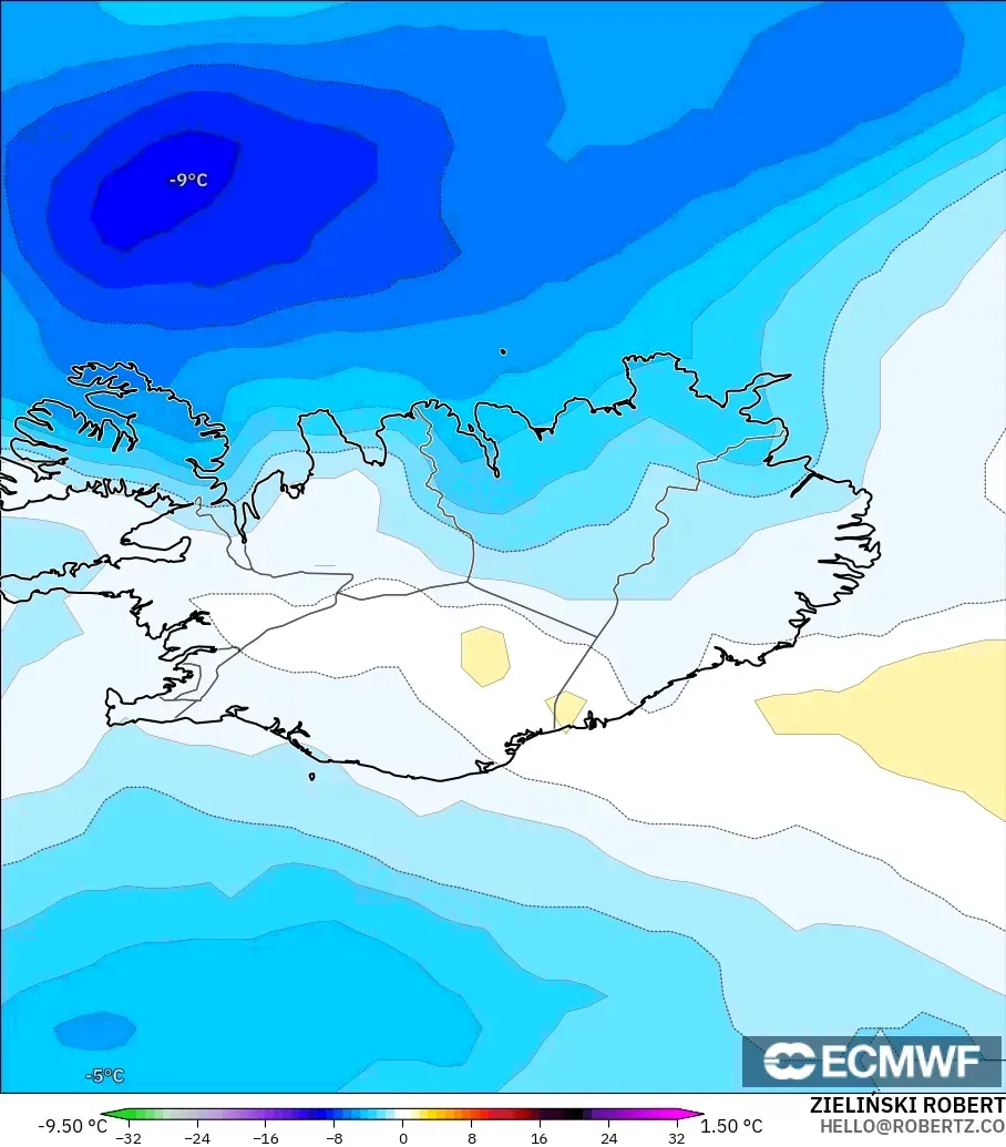 ECMWF IFS 0.25° модель - Исландия, 850 hPa Температура Аномалиясы