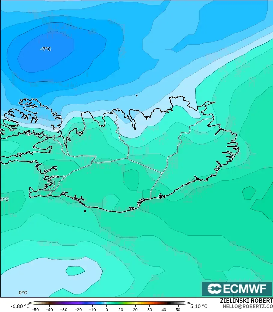 ECMWF IFS 0.25° модель - Исландия, Температура 850 hPa