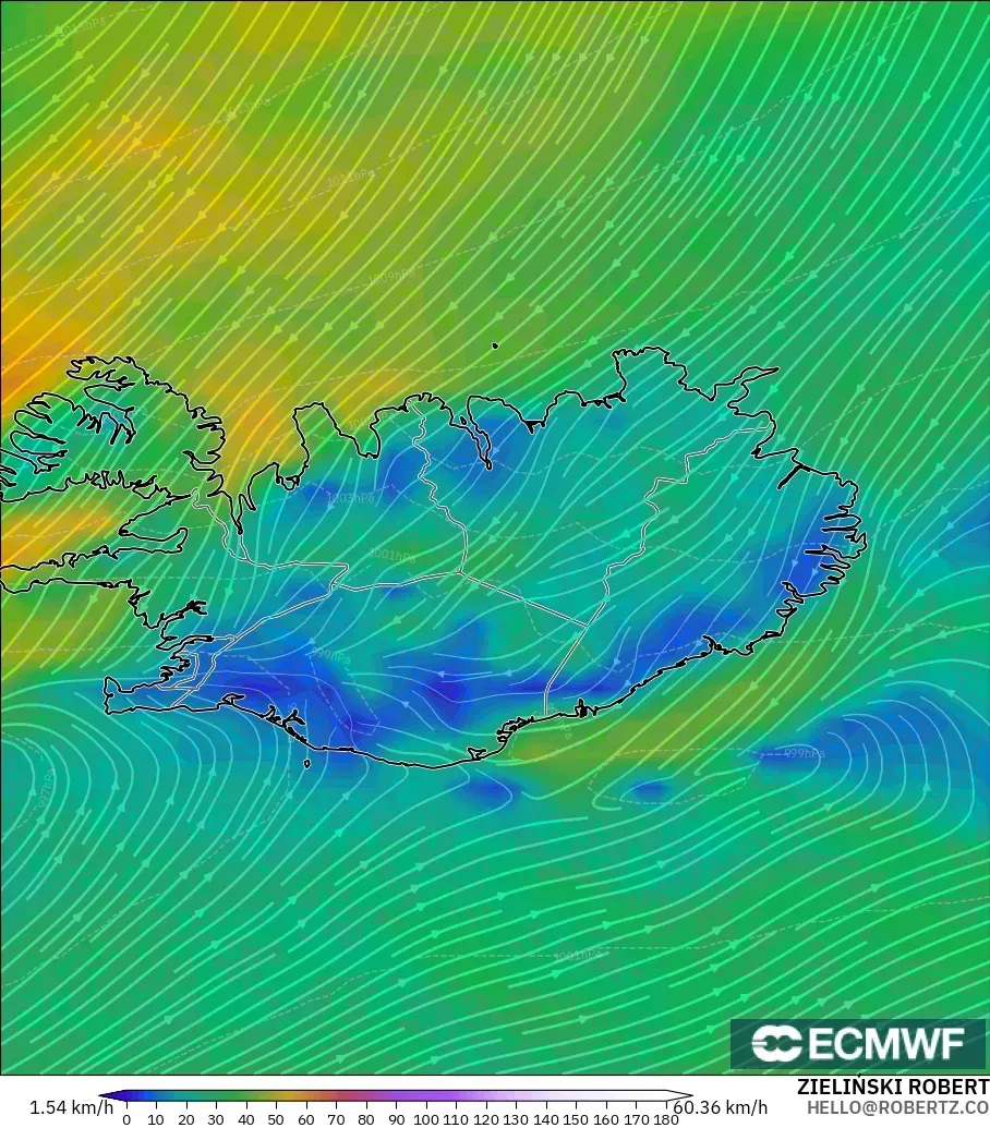 ECMWF IFS 0.25° модель - Исландия, Жел 10 м