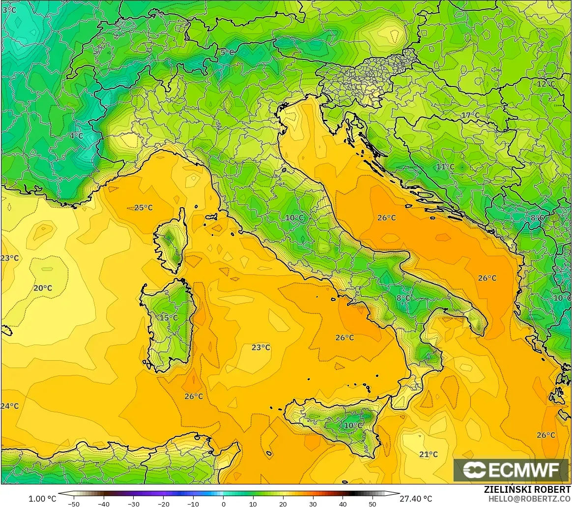 ECMWF IFS 0.25° модель - Италия, Шық Нүктесі 2 м