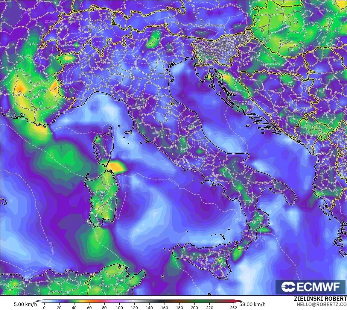 ECMWF IFS 0.25° модель - Италия, Ең Жоғары Екпін