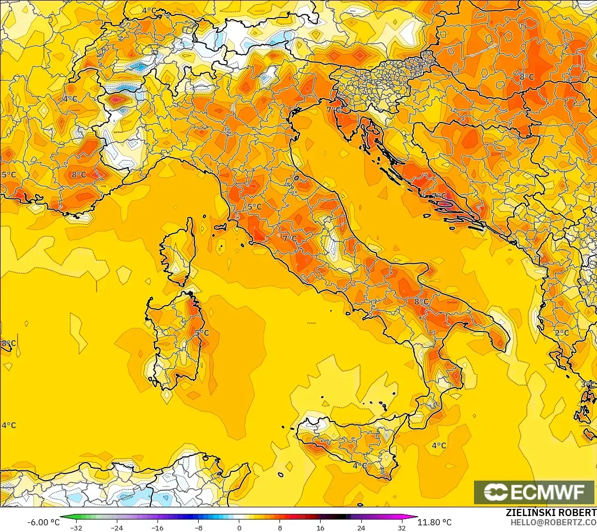 ECMWF IFS 0.25° модель - Италия, 2 м Температура Аномалиясы