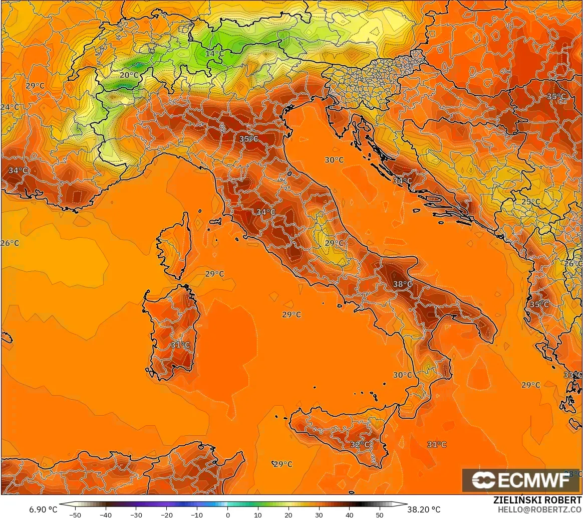 ECMWF IFS 0.25° модель - Италия, Температура 2 м