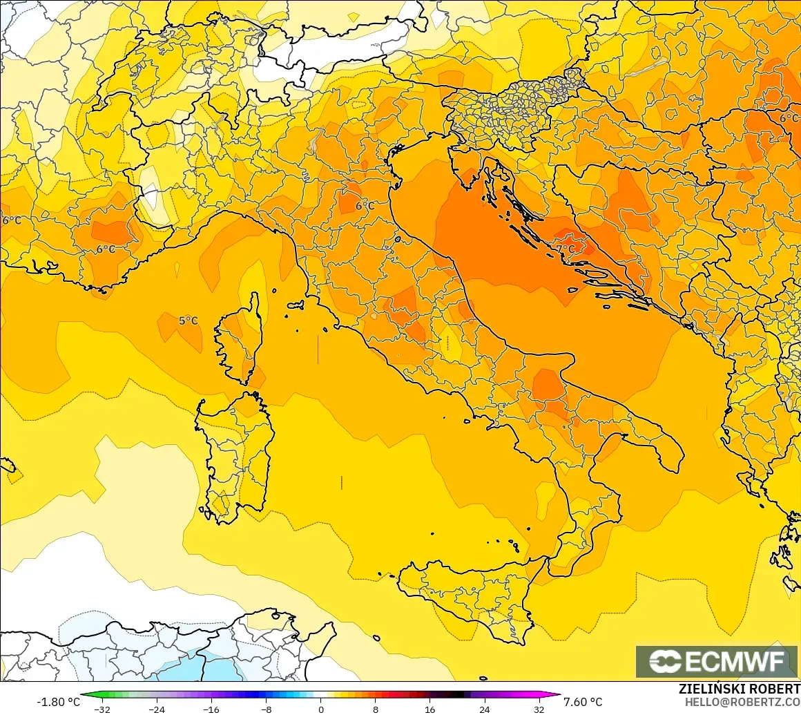 ECMWF IFS 0.25° модель - Италия, 850 hPa Температура Аномалиясы