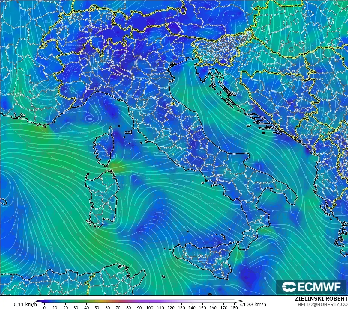 ECMWF IFS 0.25° модель - Италия, Жел 10 м