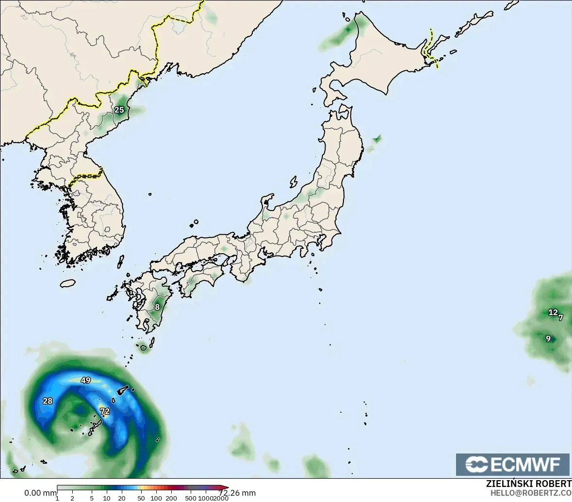 ECMWF IFS 0.25° модель - Жапония, Жауын-шашын Жинақталуы