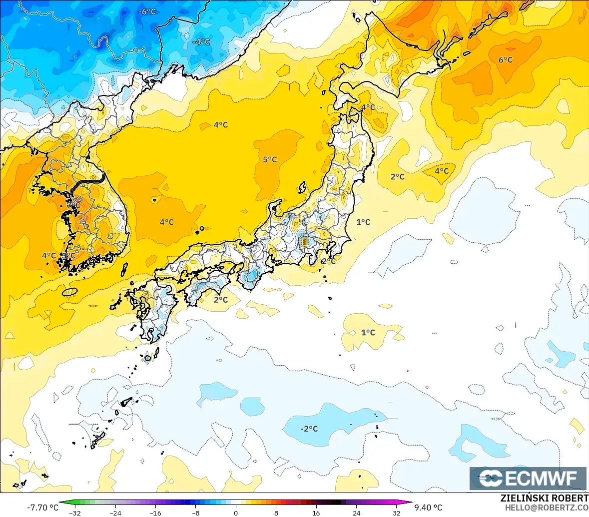 ECMWF IFS 0.25° модель - Жапония, 2 м Температура Аномалиясы