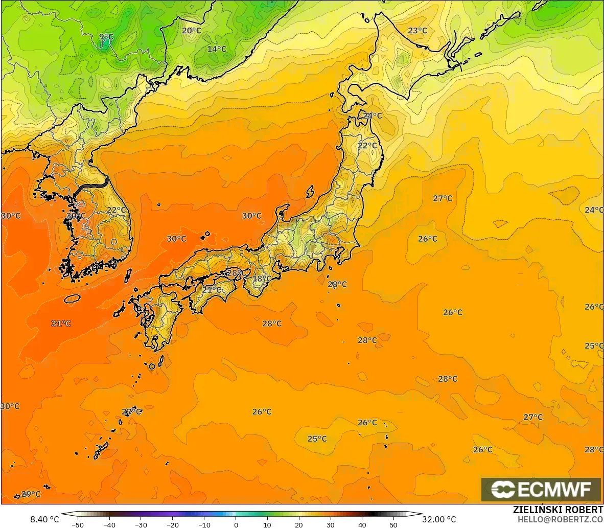 ECMWF IFS 0.25° модель - Жапония, Температура 2 м