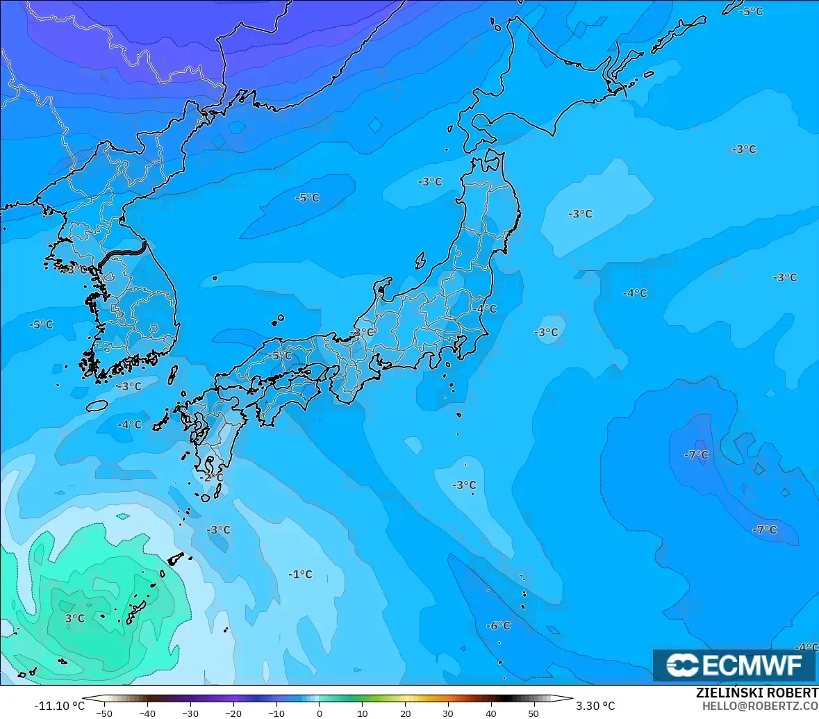 ECMWF IFS 0.25° модель - Жапония, Температура 500 hPa