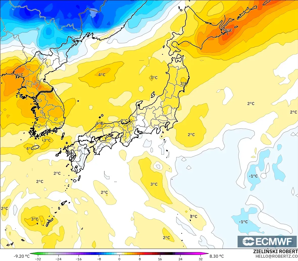ECMWF IFS 0.25° модель - Жапония, 850 hPa Температура Аномалиясы