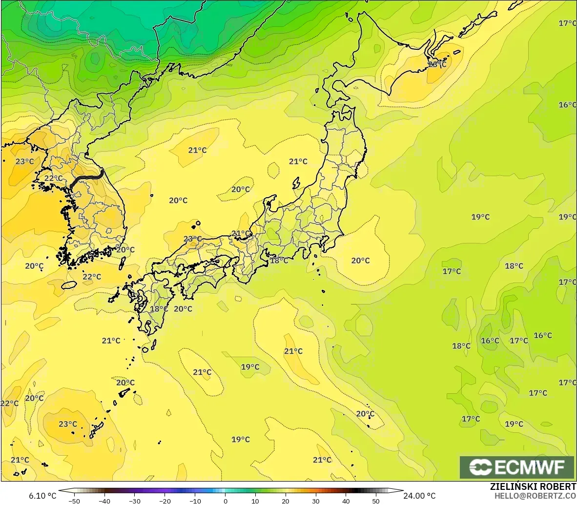 ECMWF IFS 0.25° модель - Жапония, Температура 850 hPa