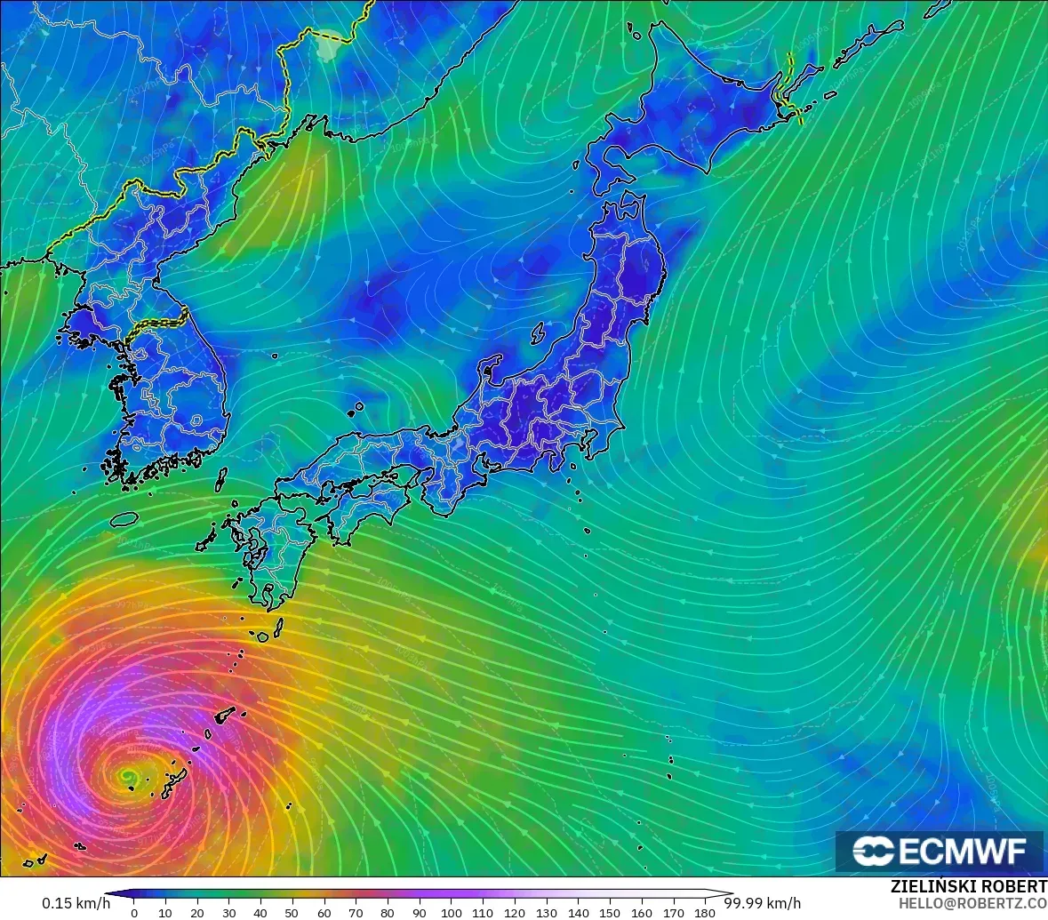 ECMWF IFS 0.25° модель - Жапония, Жел 10 м
