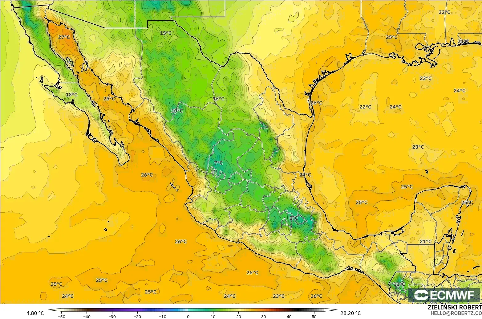 ECMWF IFS 0.25° модель - Мексика, Шық Нүктесі 2 м