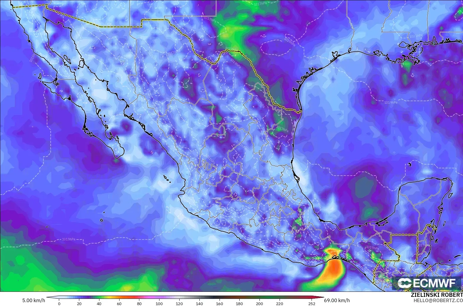 ECMWF IFS 0.25° модель - Мексика, Ең Жоғары Екпін