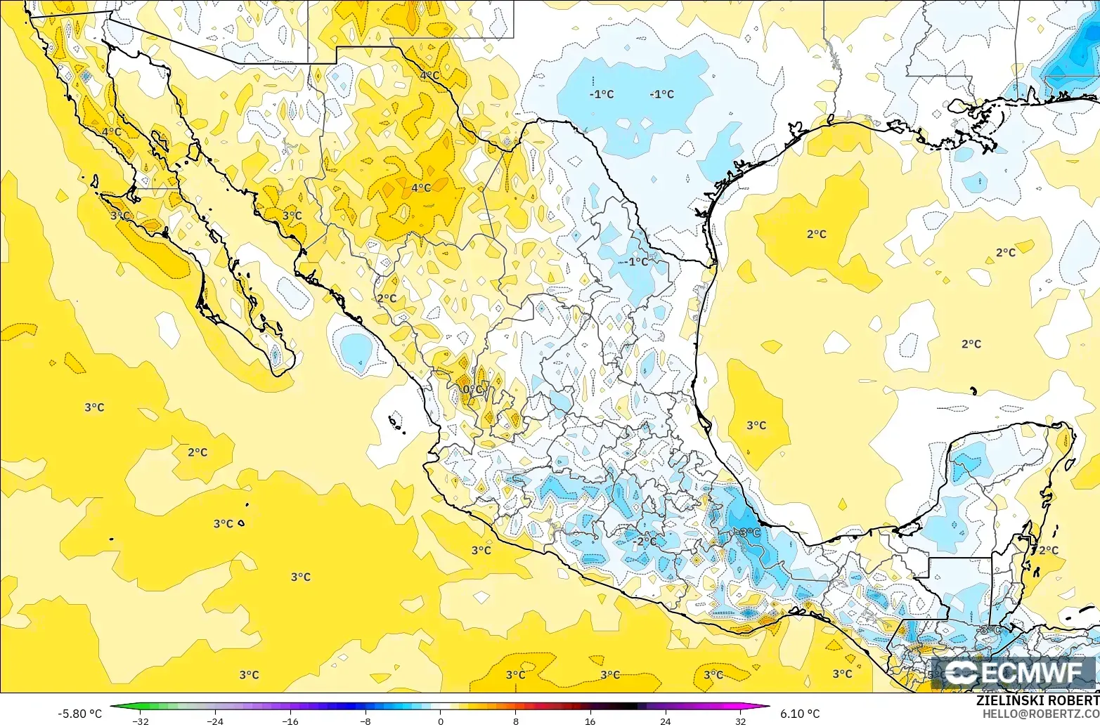 ECMWF IFS 0.25° модель - Мексика, 2 м Температура Аномалиясы