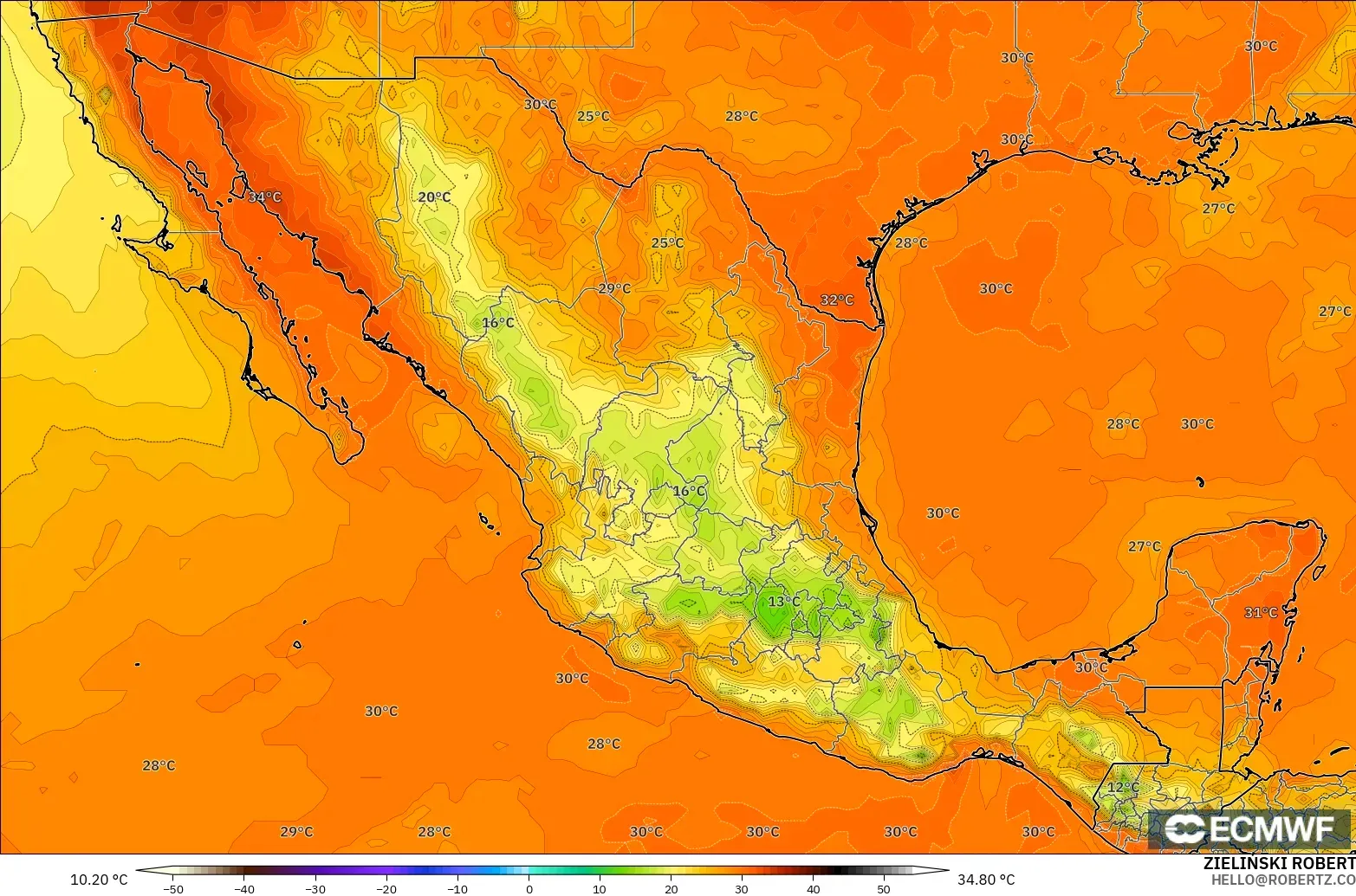 ECMWF IFS 0.25° модель - Мексика, Температура 2 м