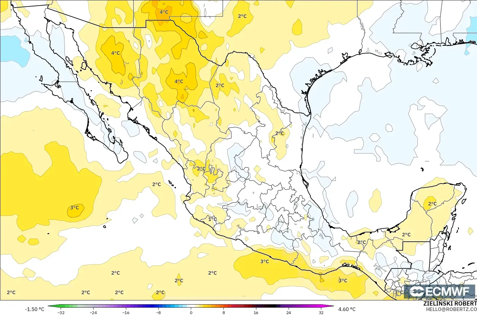 ECMWF IFS 0.25° модель - Мексика, 850 hPa Температура Аномалиясы