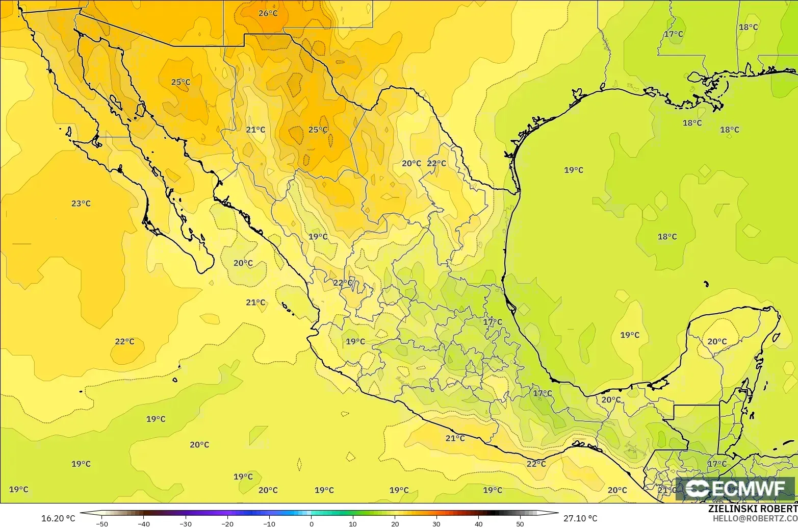 ECMWF IFS 0.25° модель - Мексика, Температура 850 hPa