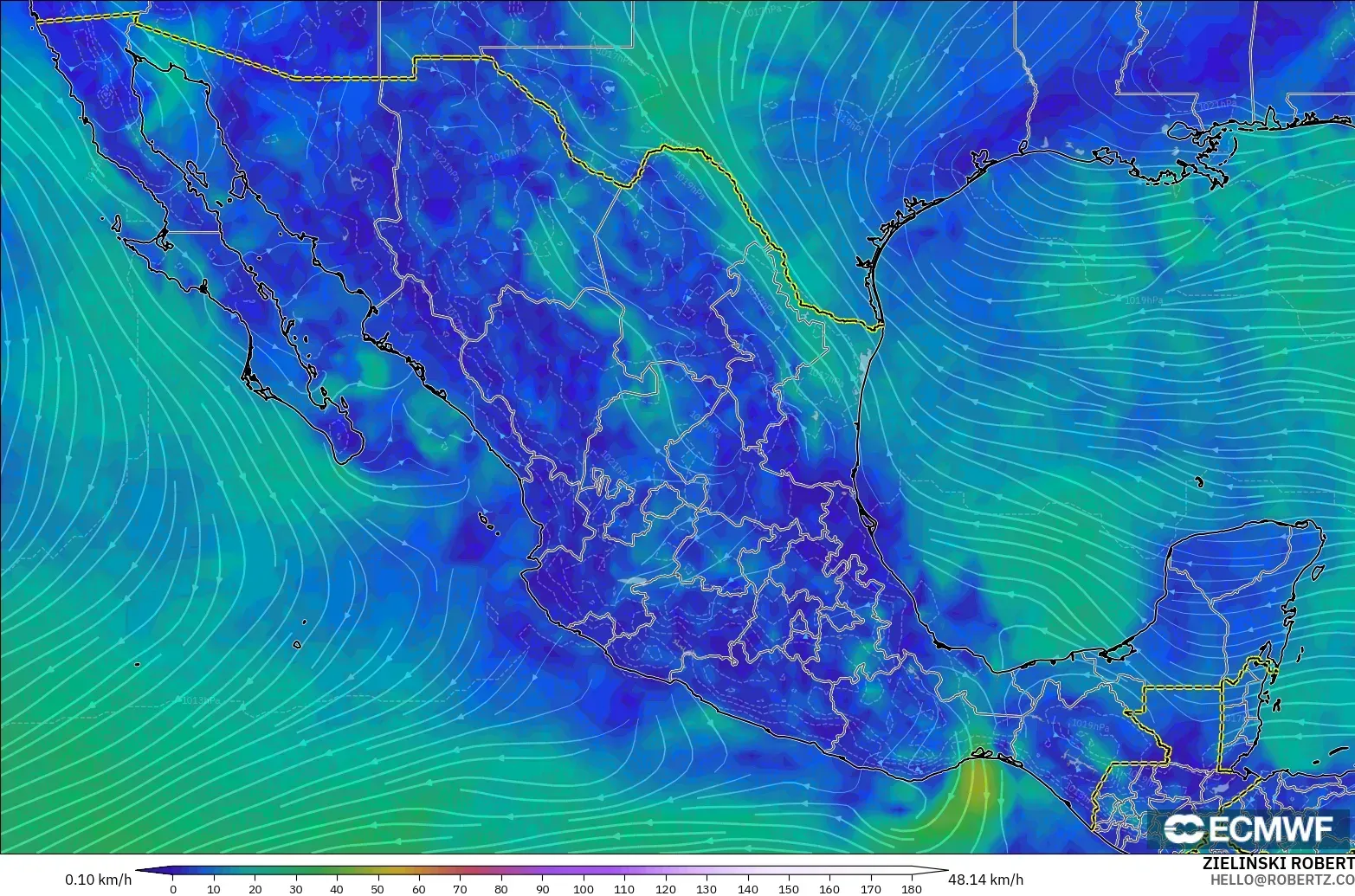 ECMWF IFS 0.25° модель - Мексика, Жел 10 м