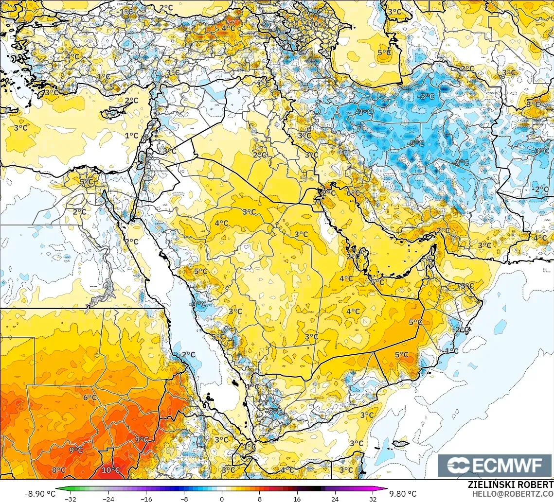 ECMWF IFS 0.25° модель - Таяу Шығыс, 2 м Температура Аномалиясы