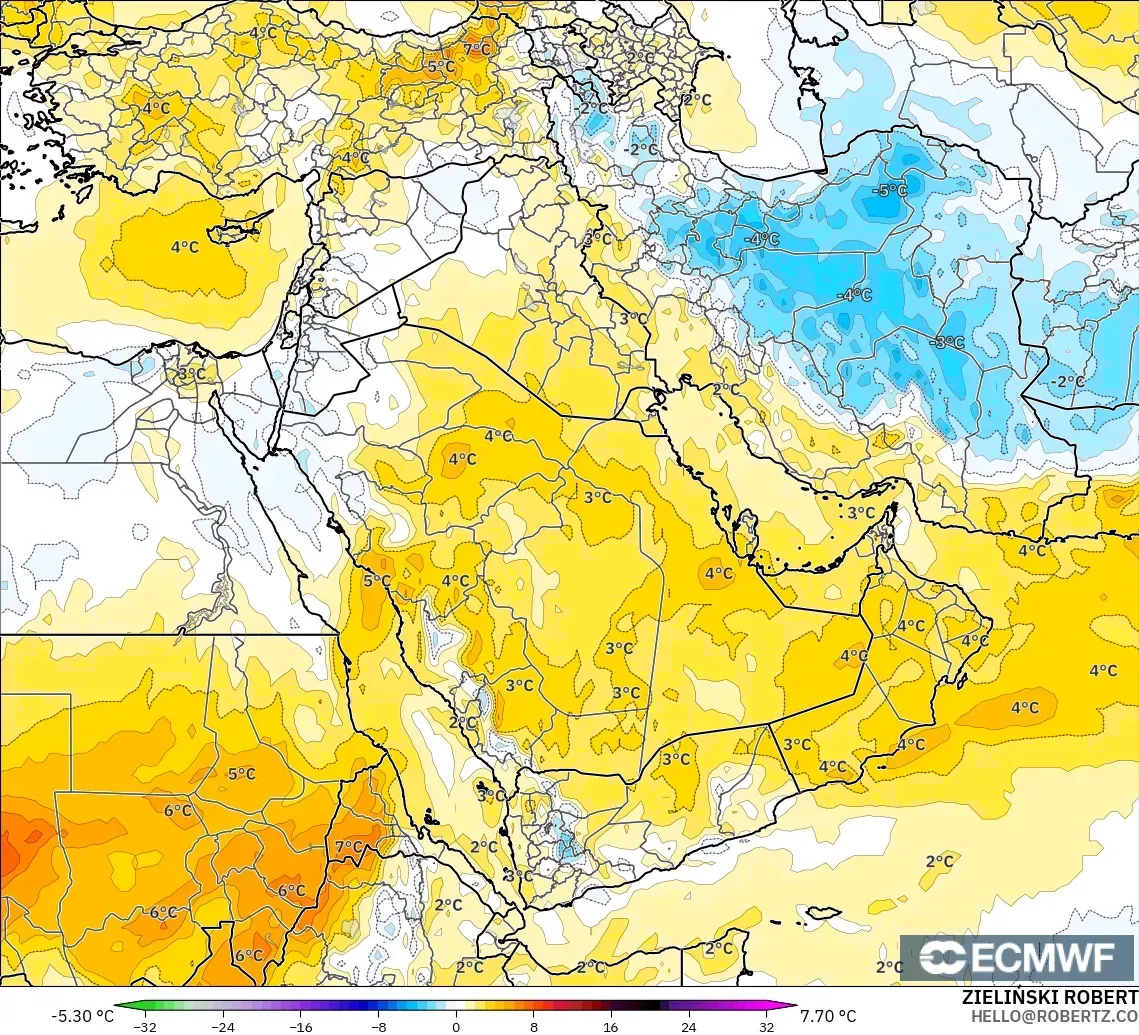 ECMWF IFS 0.25° модель - Таяу Шығыс, 850 hPa Температура Аномалиясы