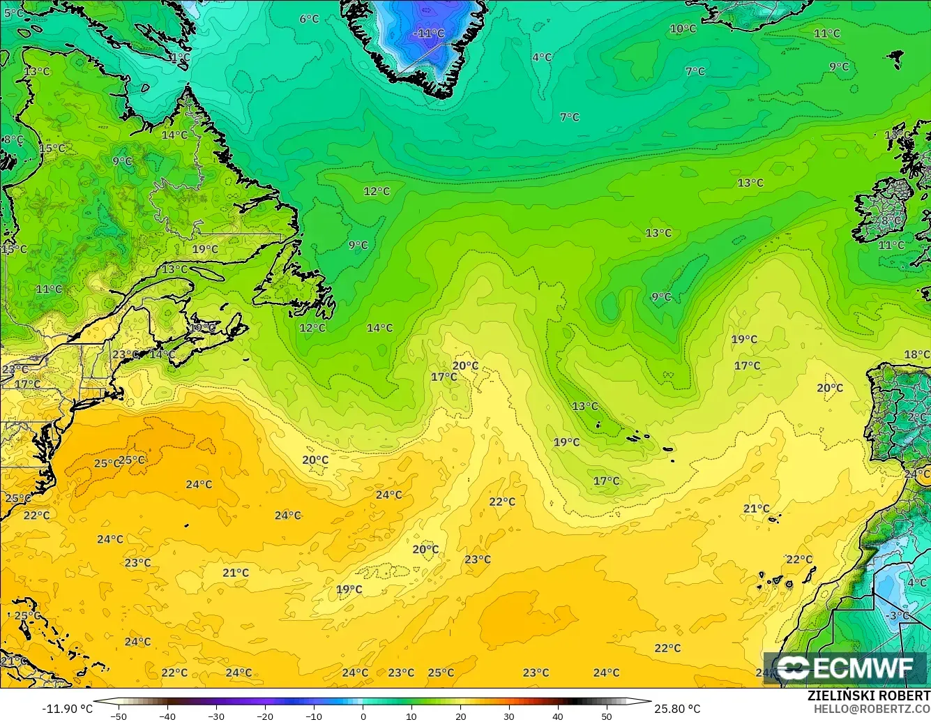 ECMWF IFS 0.25° модель - Солтүстік Атлантика, Шық Нүктесі 2 м