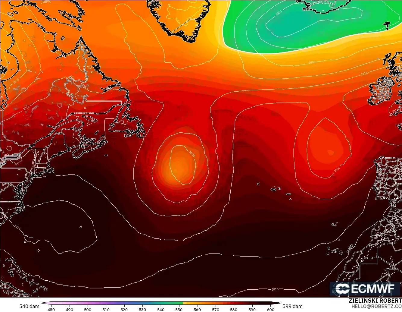 ECMWF IFS 0.25° модель - Солтүстік Атлантика, 500 гПа деңгейіндегі геопотенциал биіктігі