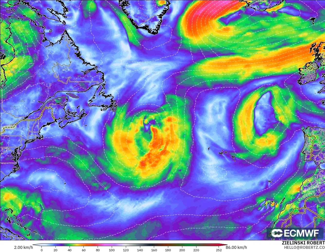 ECMWF IFS 0.25° модель - Солтүстік Атлантика, Ең Жоғары Екпін