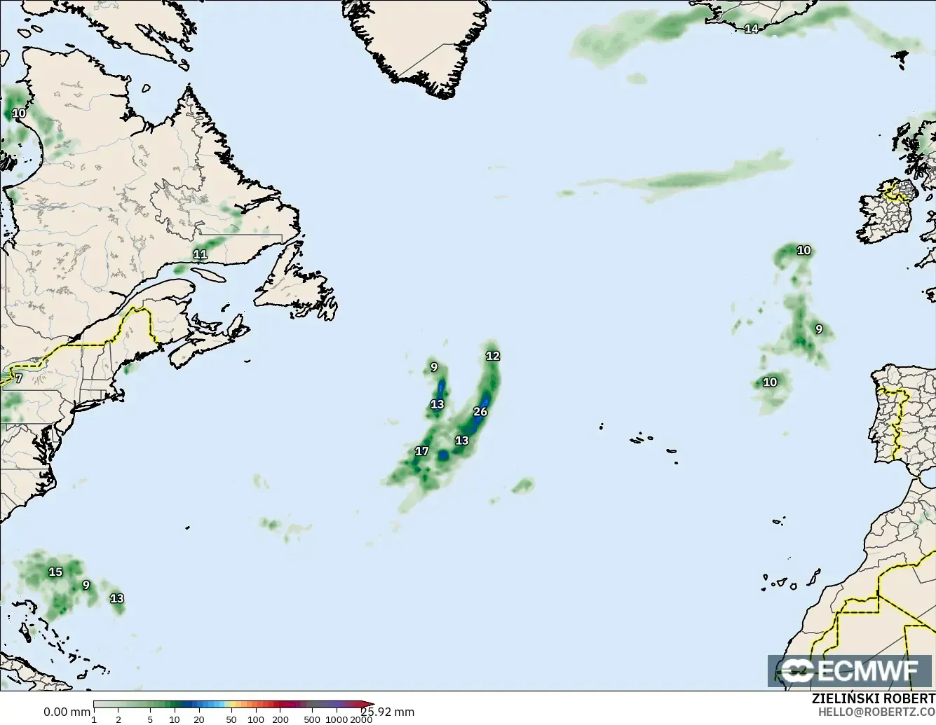 ECMWF IFS 0.25° модель - Солтүстік Атлантика, Жауын-шашын Жинақталуы