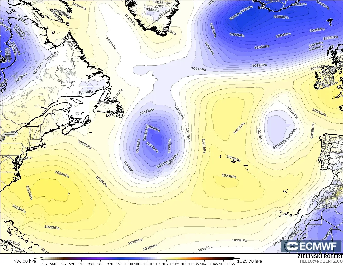 ECMWF IFS 0.25° модель - Солтүстік Атлантика, Қысым