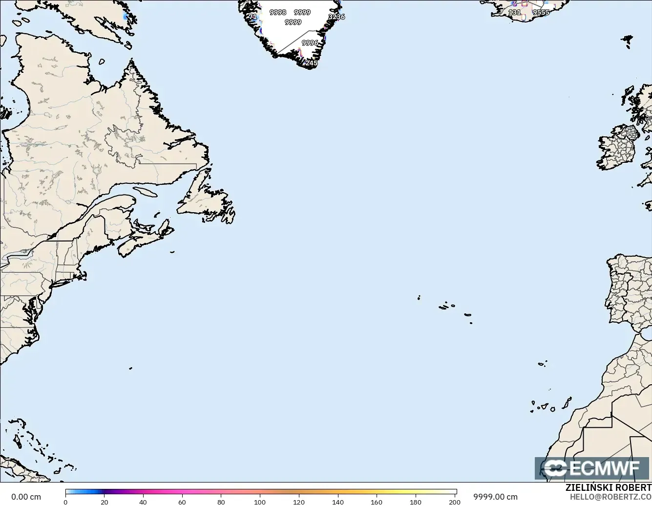 ECMWF IFS 0.25° модель - Солтүстік Атлантика, Қар Қалыңдығы
