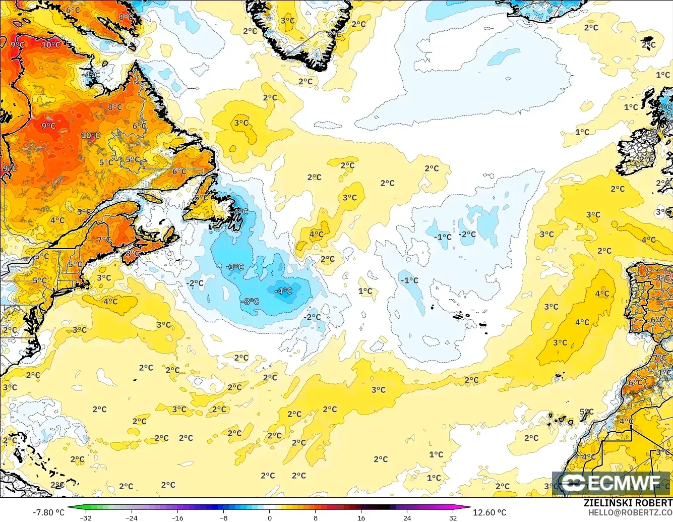 ECMWF IFS 0.25° модель - Солтүстік Атлантика, 2 м Температура Аномалиясы