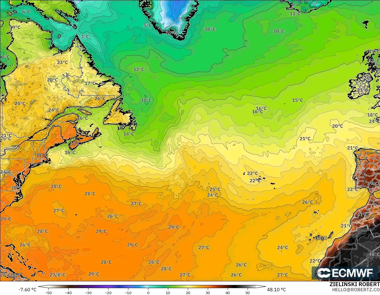 ECMWF IFS 0.25° модель - Солтүстік Атлантика, Температура 2 м