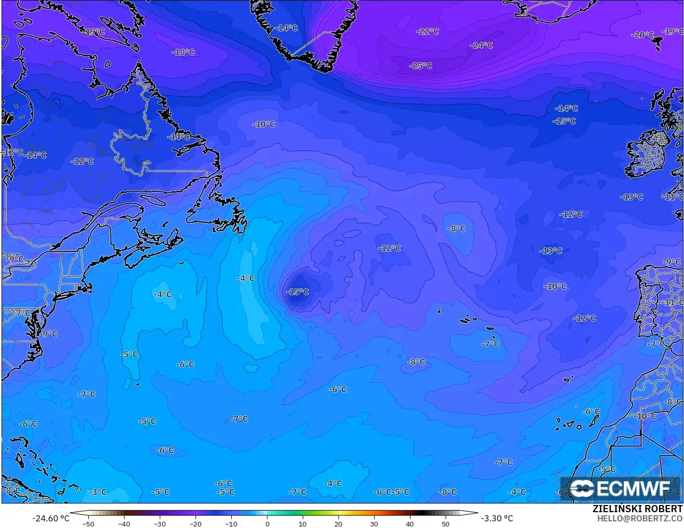 ECMWF IFS 0.25° модель - Солтүстік Атлантика, Температура 500 hPa
