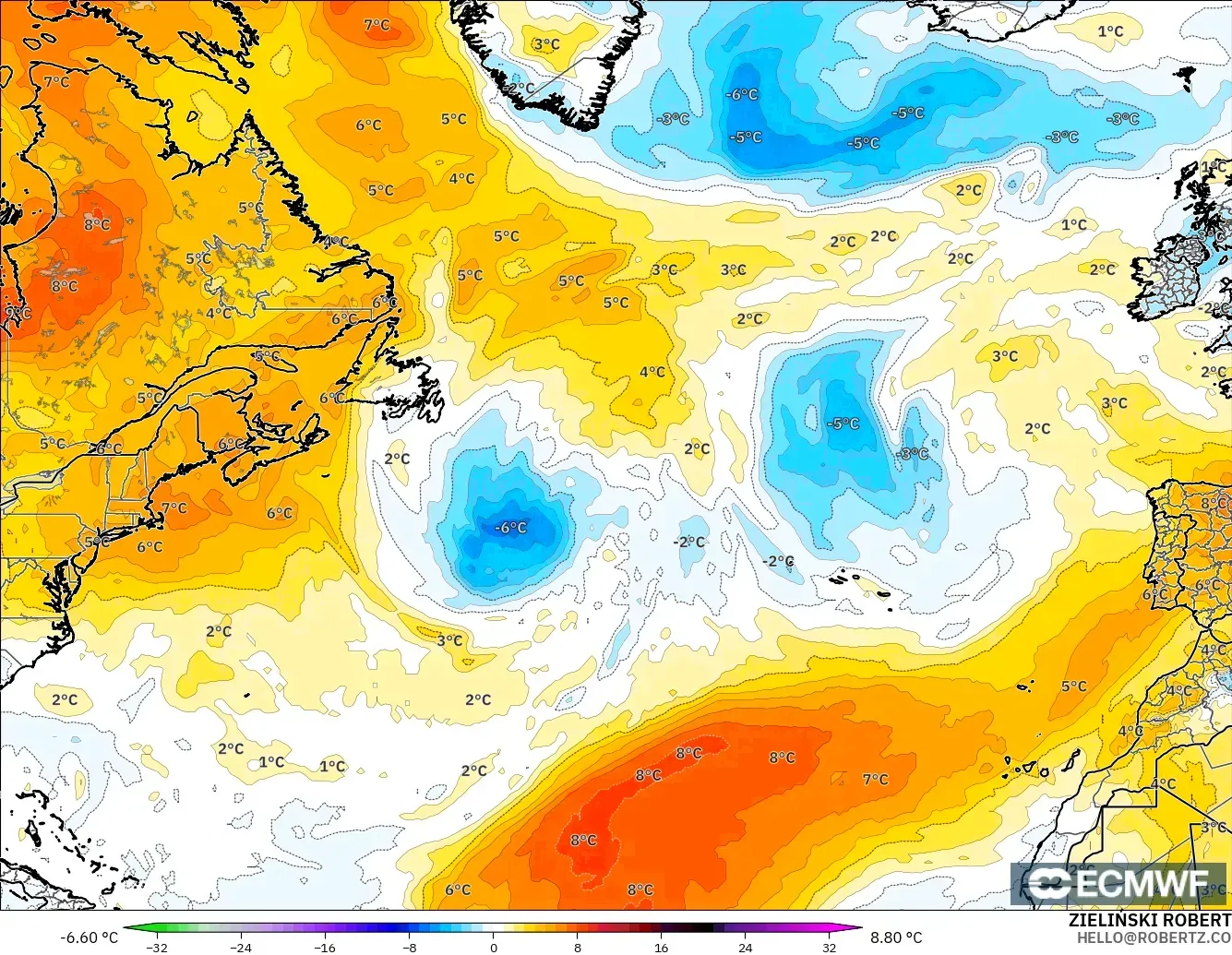 ECMWF IFS 0.25° модель - Солтүстік Атлантика, 850 hPa Температура Аномалиясы