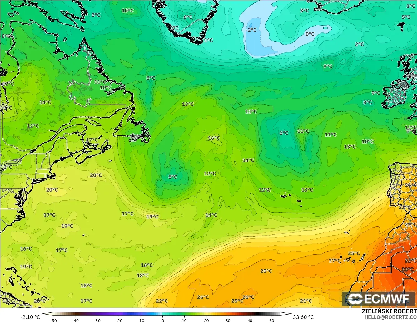 ECMWF IFS 0.25° модель - Солтүстік Атлантика, Температура 850 hPa