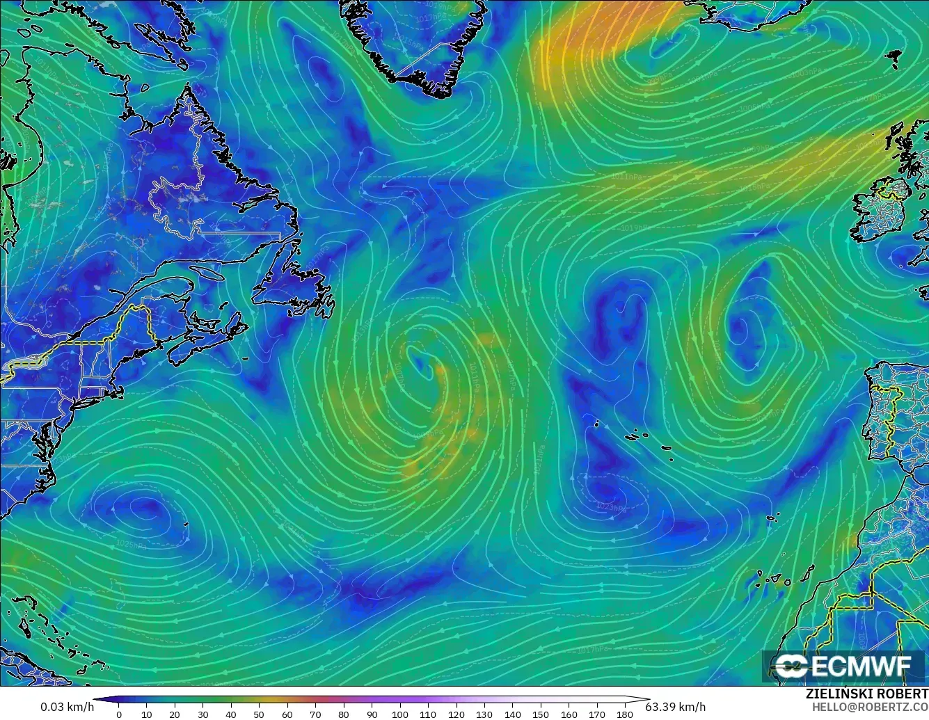 ECMWF IFS 0.25° модель - Солтүстік Атлантика, Жел 10 м