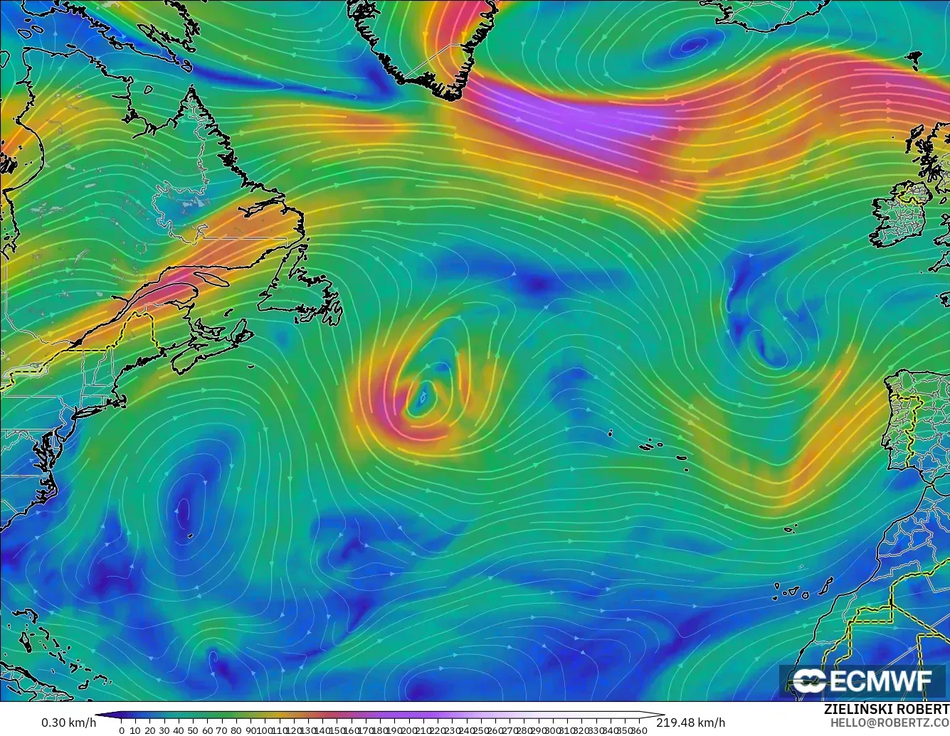 ECMWF IFS 0.25° модель - Солтүстік Атлантика, Жел 300 hPa (жайт ағысы)